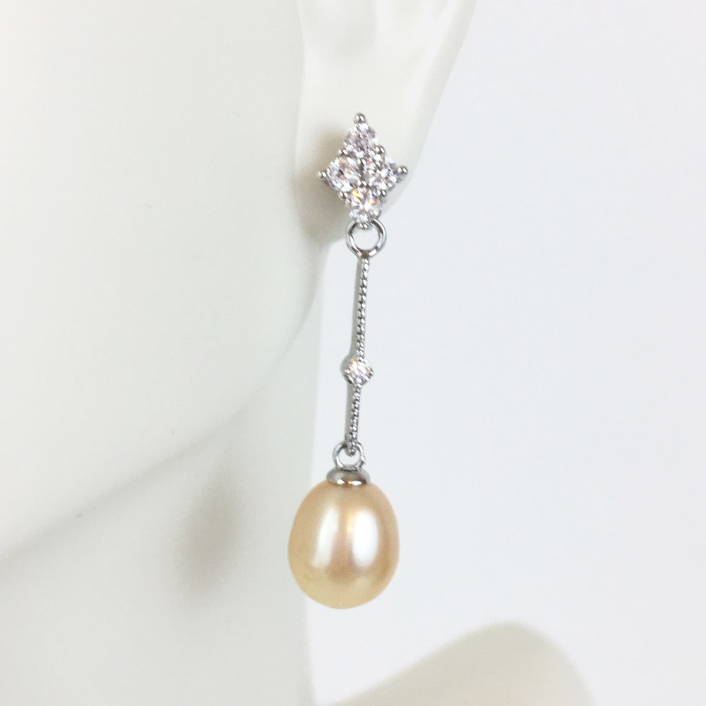Natural Pink Pearl CZ Sterling Bridal Earrings